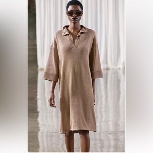 NWT ZARA Knit Tunic Dress w/ Wide Sleeves & Button Front Taupe Brown 2893/042 M